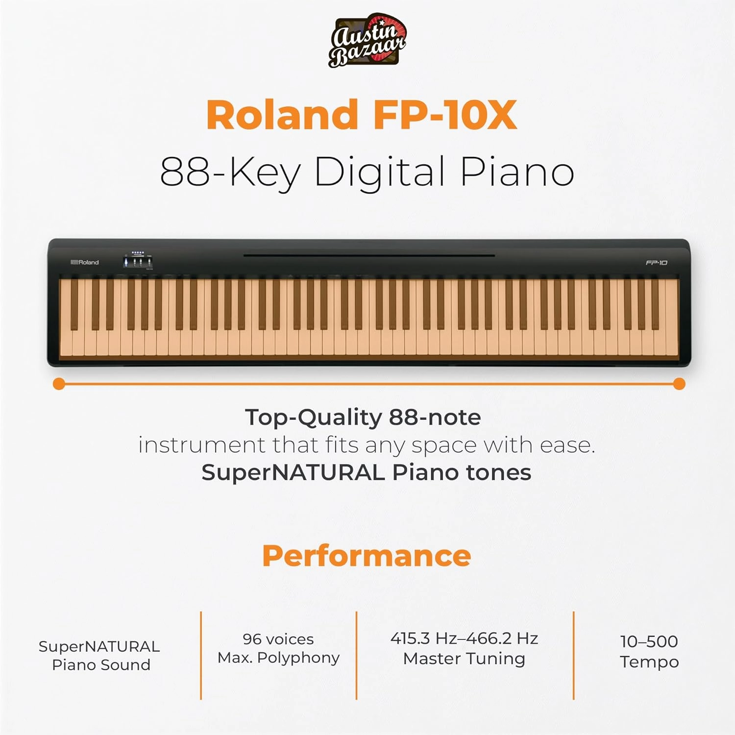 Roland FP-10 Digital Piano - Black Bundle with KSC-FP10 Stand, Bench, Sustain Pedal, Instructional Book, Online Lessons, Instructional DVD, and Austin Bazaar Polishing Cloth