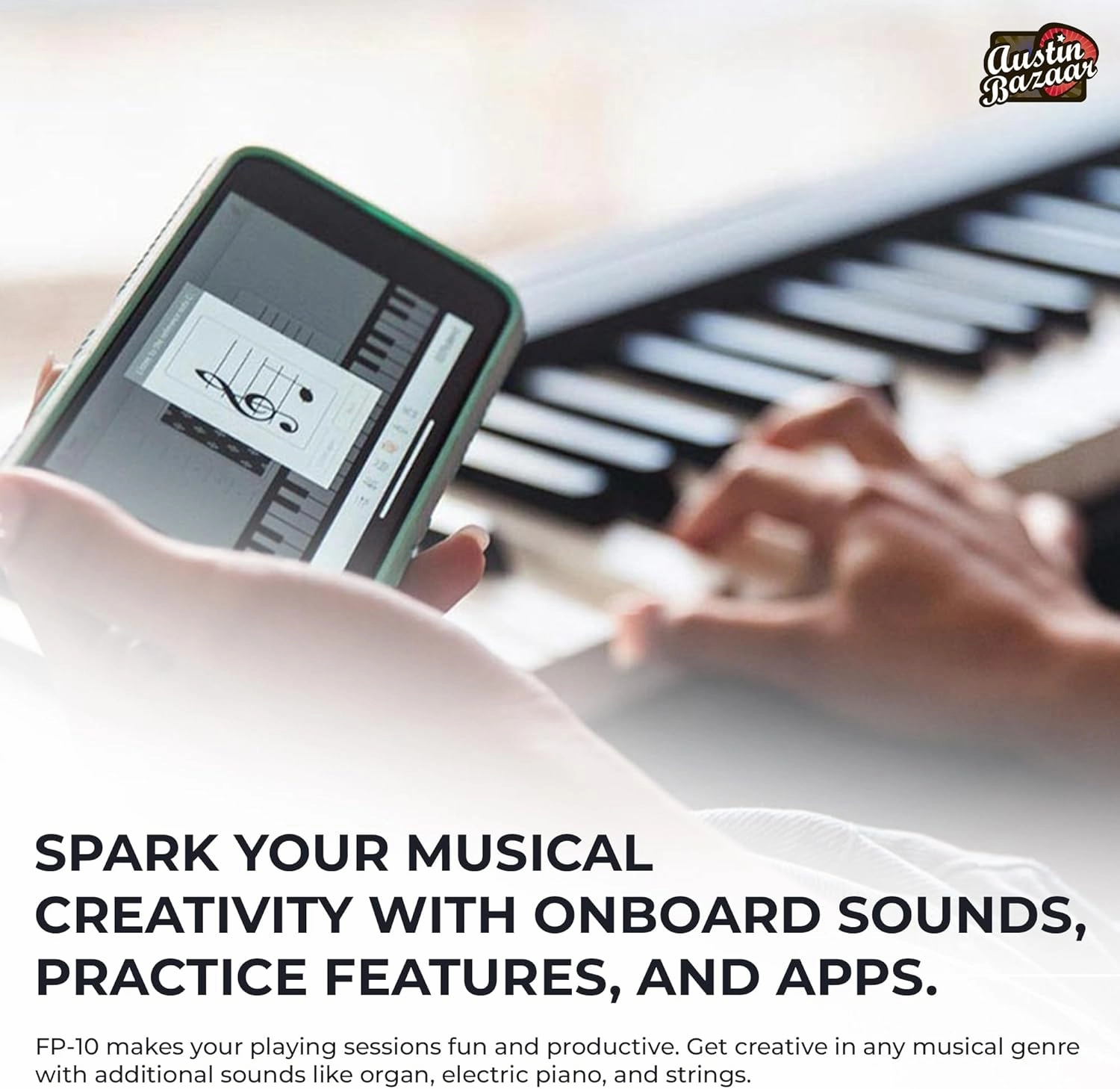 Roland FP-10 Digital Piano - Black Bundle with KSC-FP10 Stand, Bench, Sustain Pedal, Instructional Book, Online Lessons, Instructional DVD, and Austin Bazaar Polishing Cloth