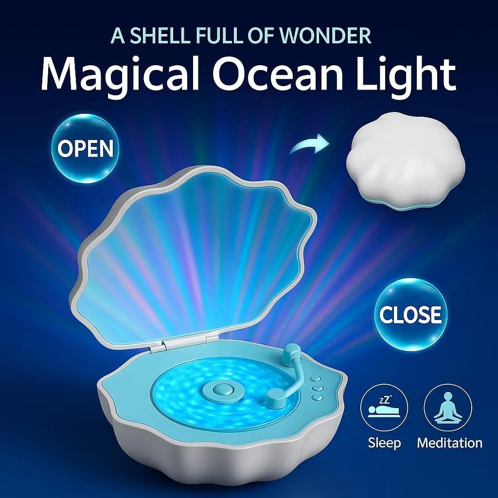 Romantic Shell-Shaped Ocean Wave Projector & Vinyl Bluetooth Speaker - Multi-Colorful LED Night Light, Mood Lamp, Lovely Gift for Girls & Kids, Ideal for Dreamy Bedrooms