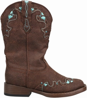 ROPER Kids Girls Heart Embroidery Square Toe Casual Boots Mid Calf - Brown