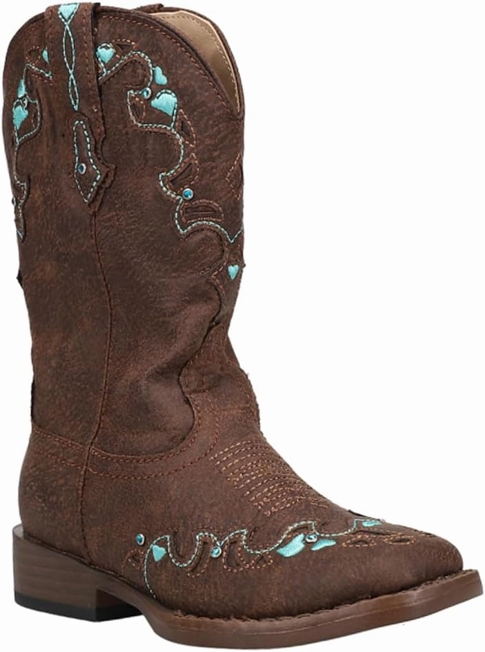 ROPER Kids Girls Heart Embroidery Square Toe Casual Boots Mid Calf - Brown