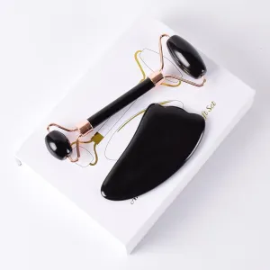 Rose Gold Face Roller Gua Sha Tool Massage Set Natural Obsidian Stone,1 Set with Gift Box