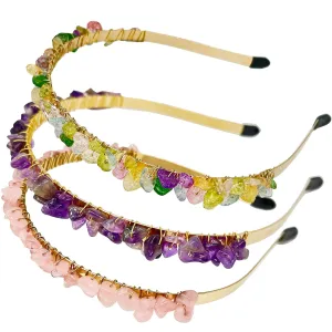 Rose Quartz and Amethyst Hair Accessories: Raw Crystal Tiara with Colorful Spiritual Beads for Girls (3pcs)