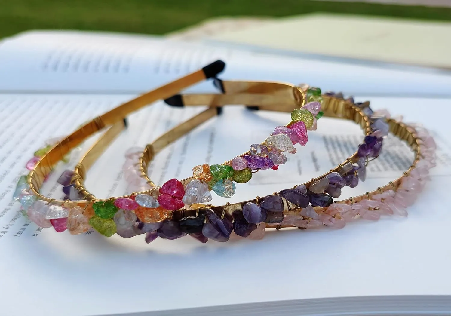 Rose Quartz and Amethyst Hair Accessories: Raw Crystal Tiara with Colorful Spiritual Beads for Girls (3pcs)