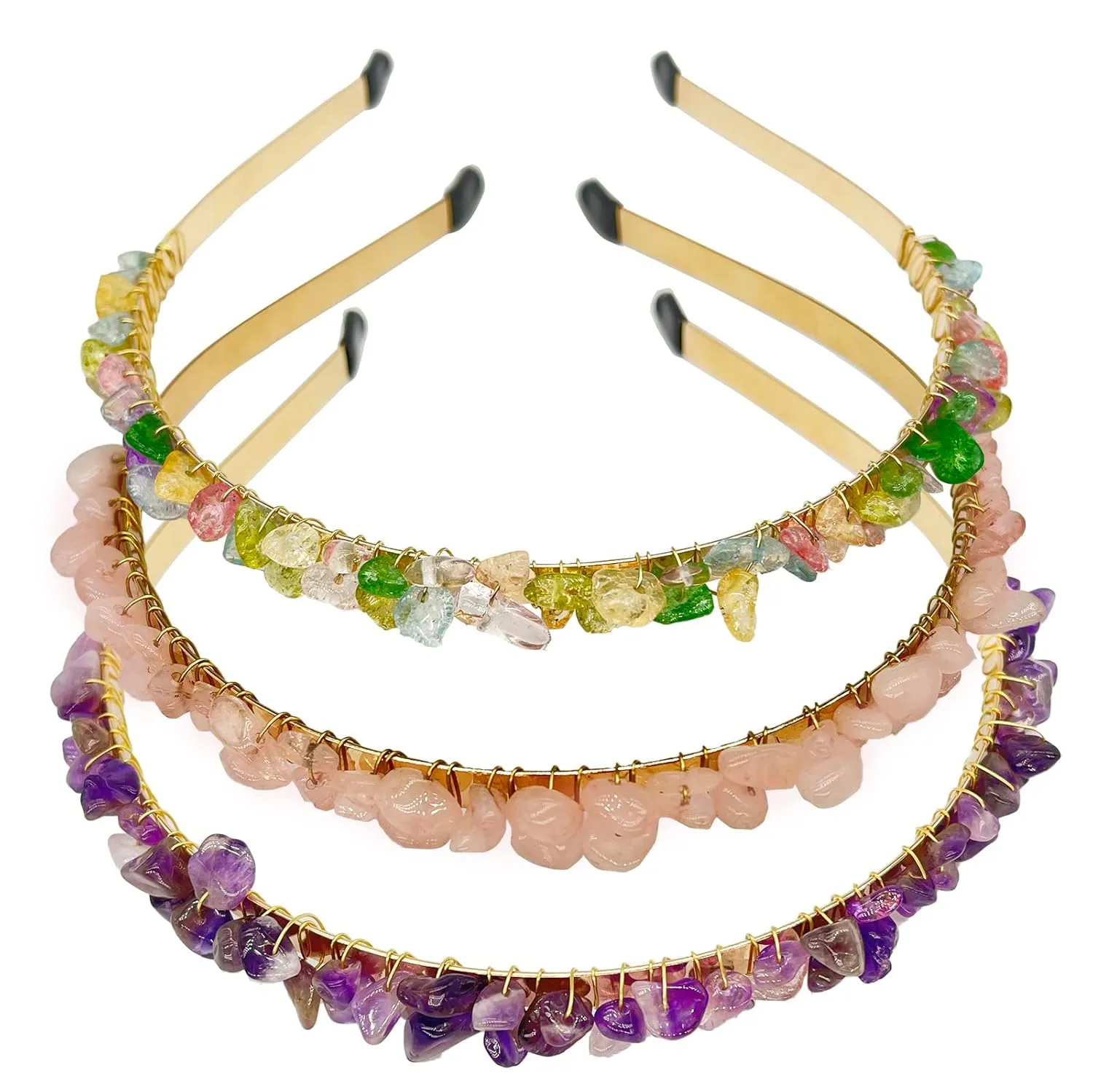 Rose Quartz and Amethyst Hair Accessories: Raw Crystal Tiara with Colorful Spiritual Beads for Girls (3pcs)