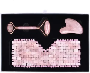 Rose Quartz Face Roller Gouache Scraper Eye Mask Set Facial Massager Gua Sha Relax Tool Natural Jade,Pink