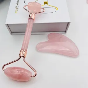 Rose Quartz Facial Spa Set, Rose Quartz Roller and Gua Sha Facial Tools Set, Guasha Tool for Face to Relieve Muscle Tension and Reduce Puffiness, Dual-Sided Facial Massage Tool for Glowing Skin