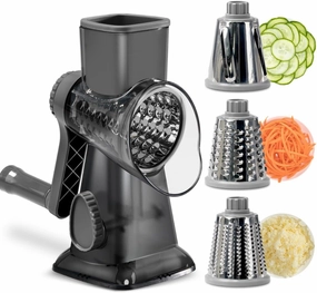 Rotary Cheese Grater Hand Crank Cheese Shredder Vegetable Slicer Graters for Kitchen 3 Interchangeable Blades Parmesan Cheese Grater Handheld - Easy to Use and Clean (Black)