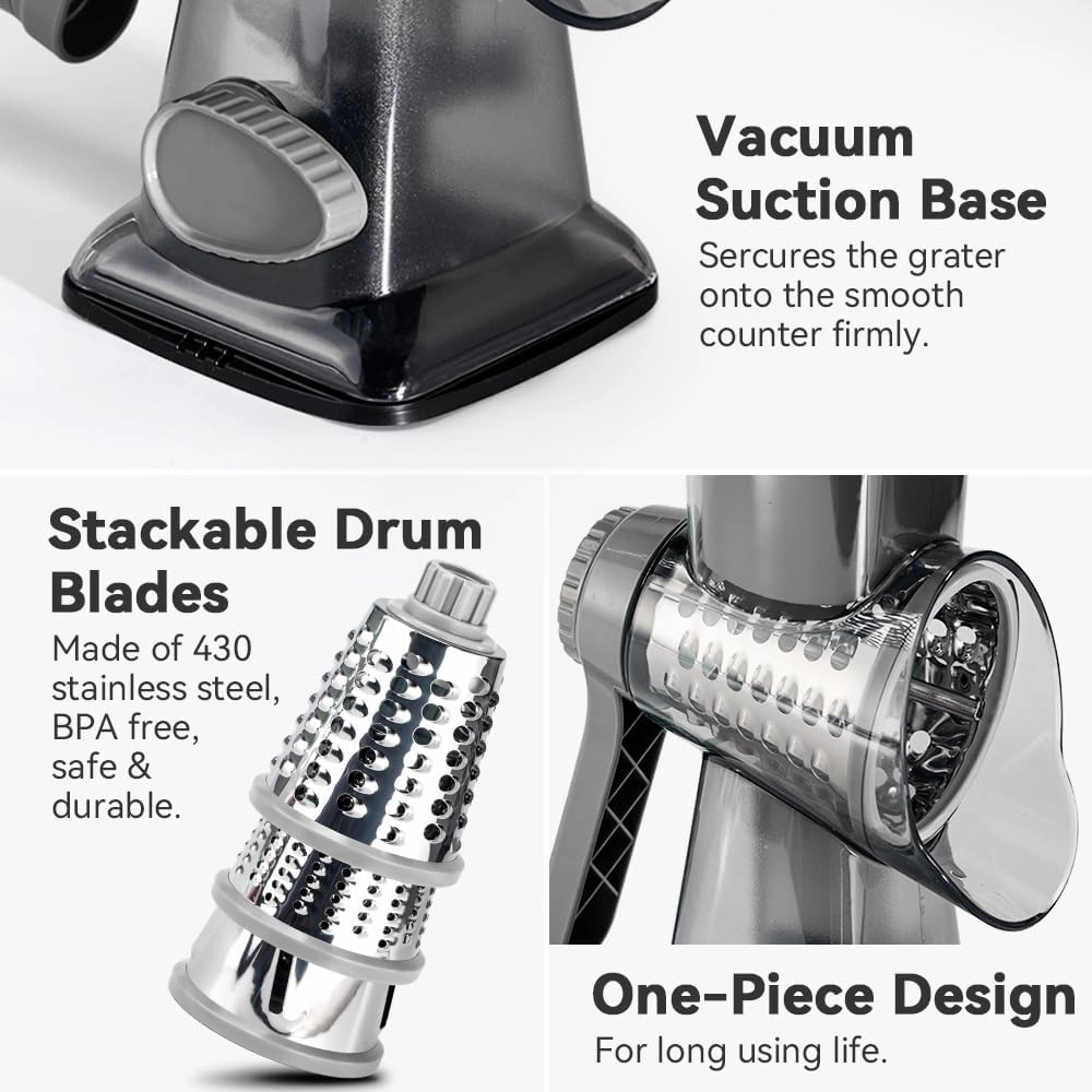 Rotary Cheese Grater Hand Crank Cheese Shredder Vegetable Slicer Graters for Kitchen 3 Interchangeable Blades Parmesan Cheese Grater Handheld - Easy to Use and Clean (Black)