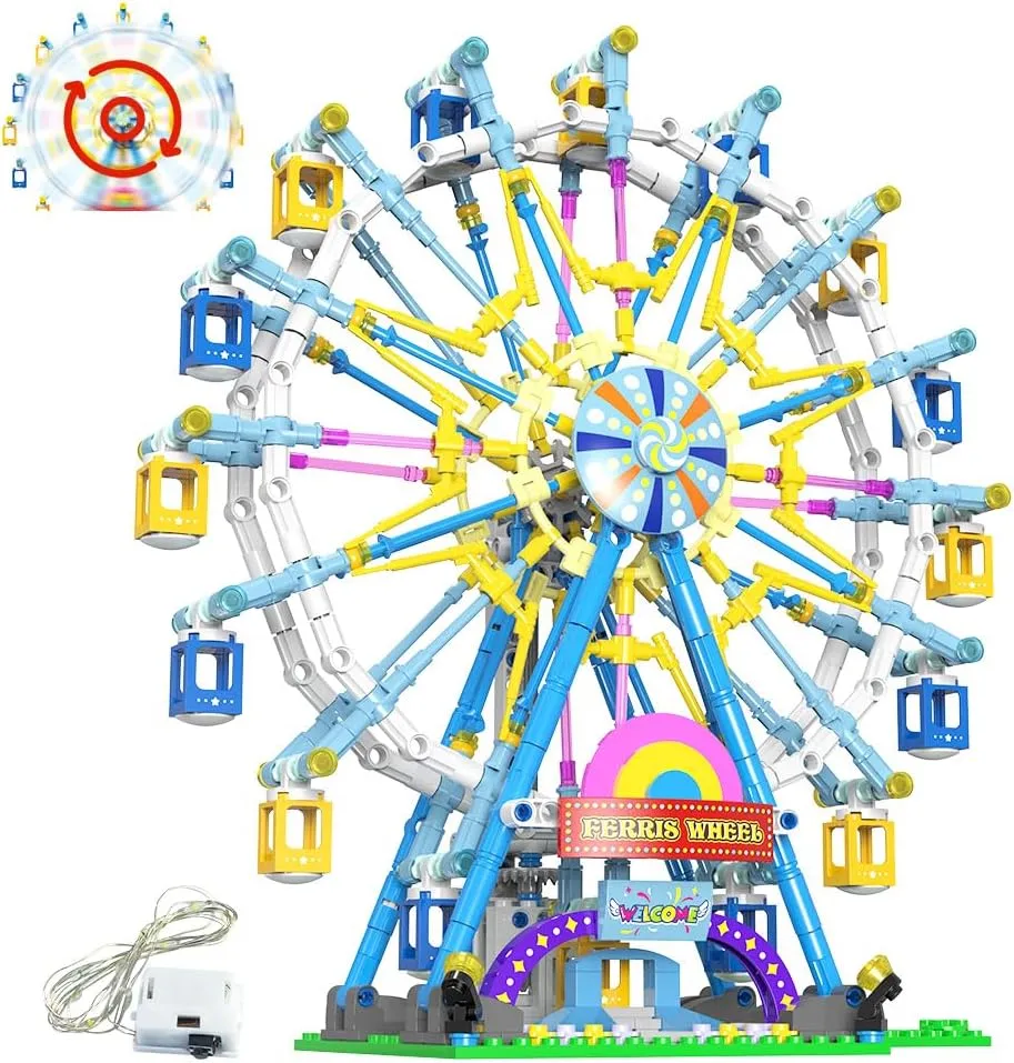 Rotating Ferris Wheel Building Blocks Set Toys with Lighting Kit, Carnival Amusement Park Construction Kits Great for Child Age 6  Years Old（813pcs）(Blue)