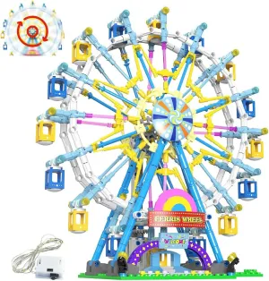 Rotating Ferris Wheel Building Blocks Set Toys with Lighting Kit, Carnival Amusement Park Construction Kits Great for Child Age 6  Years Old（813pcs）(Blue)