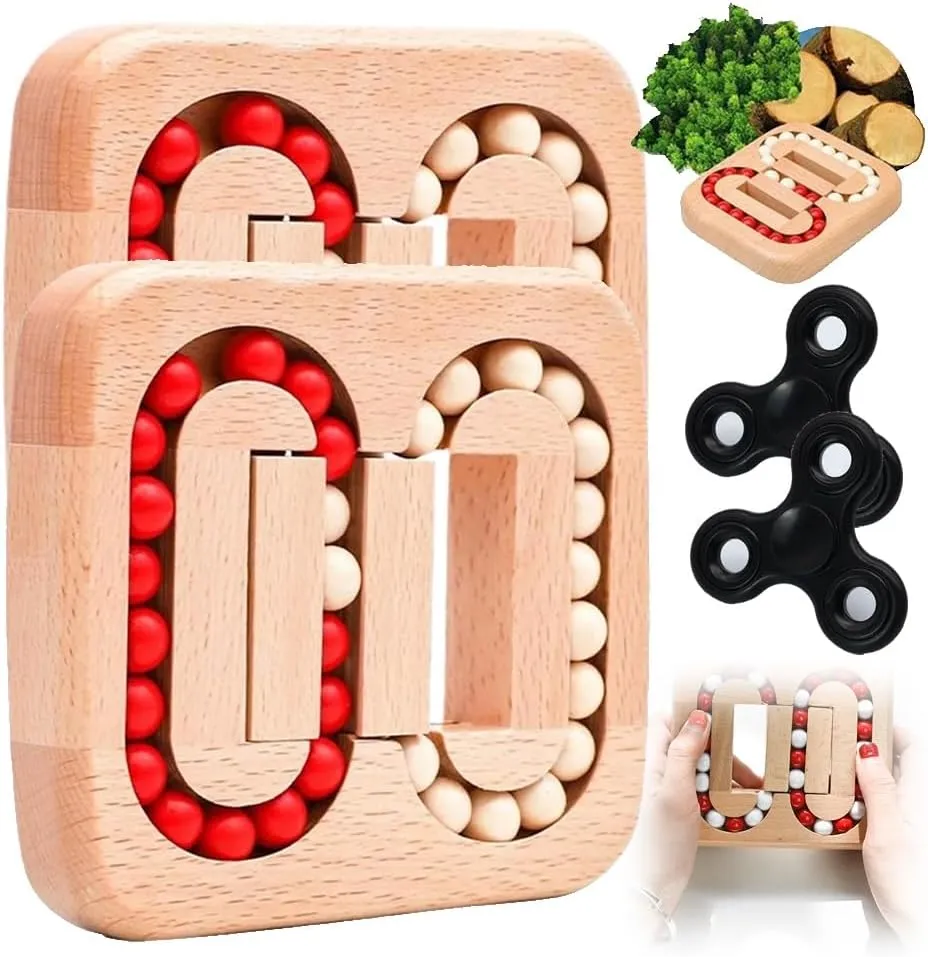 Rotating Magic Bean Fingertip Toy Wood Puzzles, Wooden Spinning Magic Cube to Relieve Stress Anxiety for Adults, Fidget Puzzles Interactive, Funny Bean Brain Teaser Sensory Puzzles(2PCS Wooden Beads)