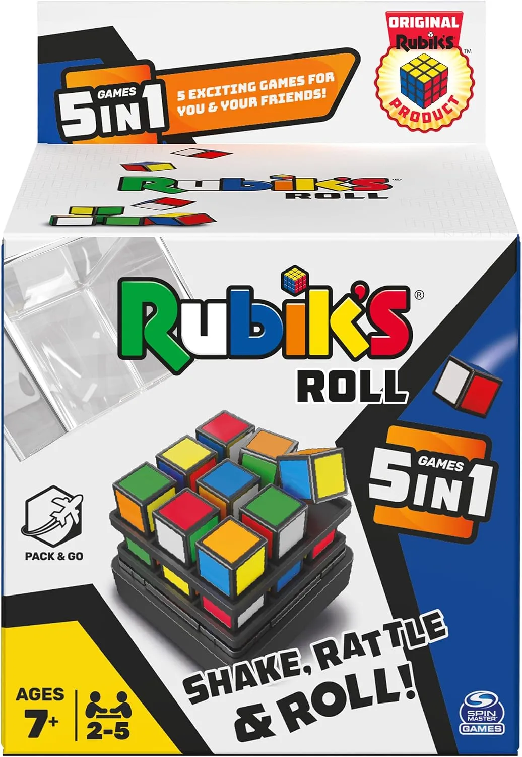 Rubik's Roll, 5-in-1 Dice Games Pack & Go Travel Size Multiplayer Colorful Road Trip Board Game, for Kids & Adults Ages 7 and up