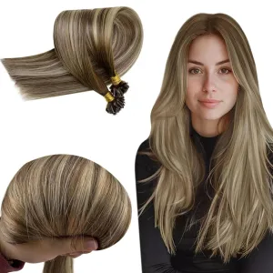 RUNATURE U Tip Human Hair Extensions Light Brown Ombre Light Blonde Ombre Dark Brown Straight Keratin Human Hair Extensions Hot Fusion U Tip Hair Extensions 12 Inch 50g 50 Strands
