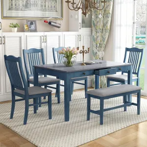 RUNNA Mid-Century 6-Piece Wood Dining Table Set, Kitchen Table Set with Drawer, Upholstered 4Chairs and1 Bench, for Small Space (Antique Blue-6set 5per Draw)