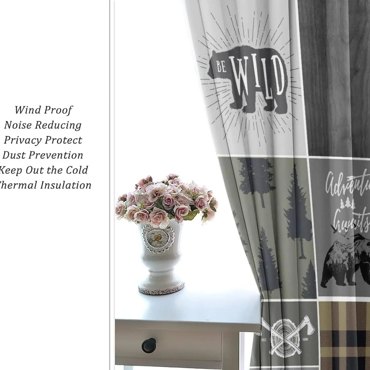 Rustic Cabin Bear Deer Blackout Curtains for Bedroom,Retro Country Hunting Theme Wildlife Plaid Check Adventure Grommet Thermal Insulated Room Darkening Window Curtains 2 Panels 45L x 21W
