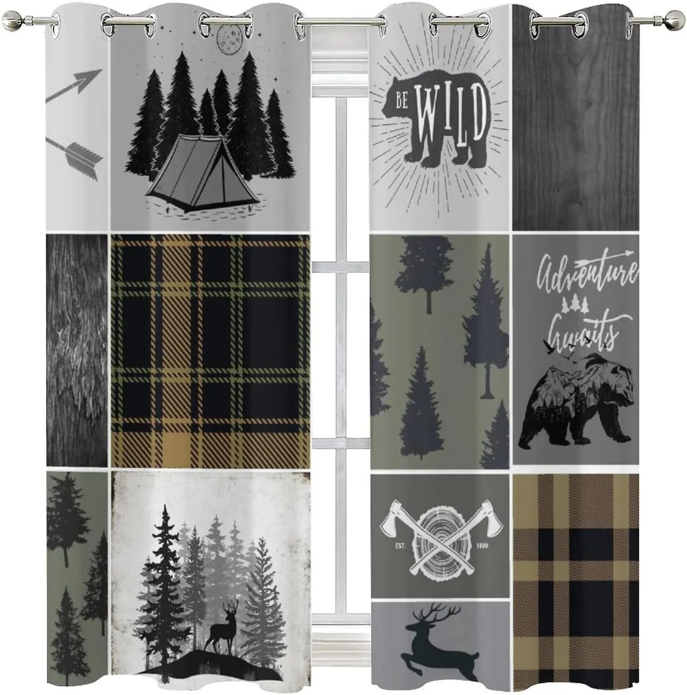Rustic Cabin Bear Deer Blackout Curtains for Bedroom,Retro Country Hunting Theme Wildlife Plaid Check Adventure Grommet Thermal Insulated Room Darkening Window Curtains 2 Panels 45L x 21W