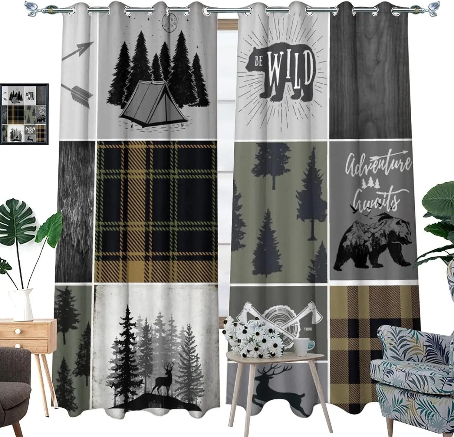 Rustic Cabin Bear Deer Blackout Curtains for Bedroom,Retro Country Hunting Theme Wildlife Plaid Check Adventure Grommet Thermal Insulated Room Darkening Window Curtains 2 Panels 45L x 21W