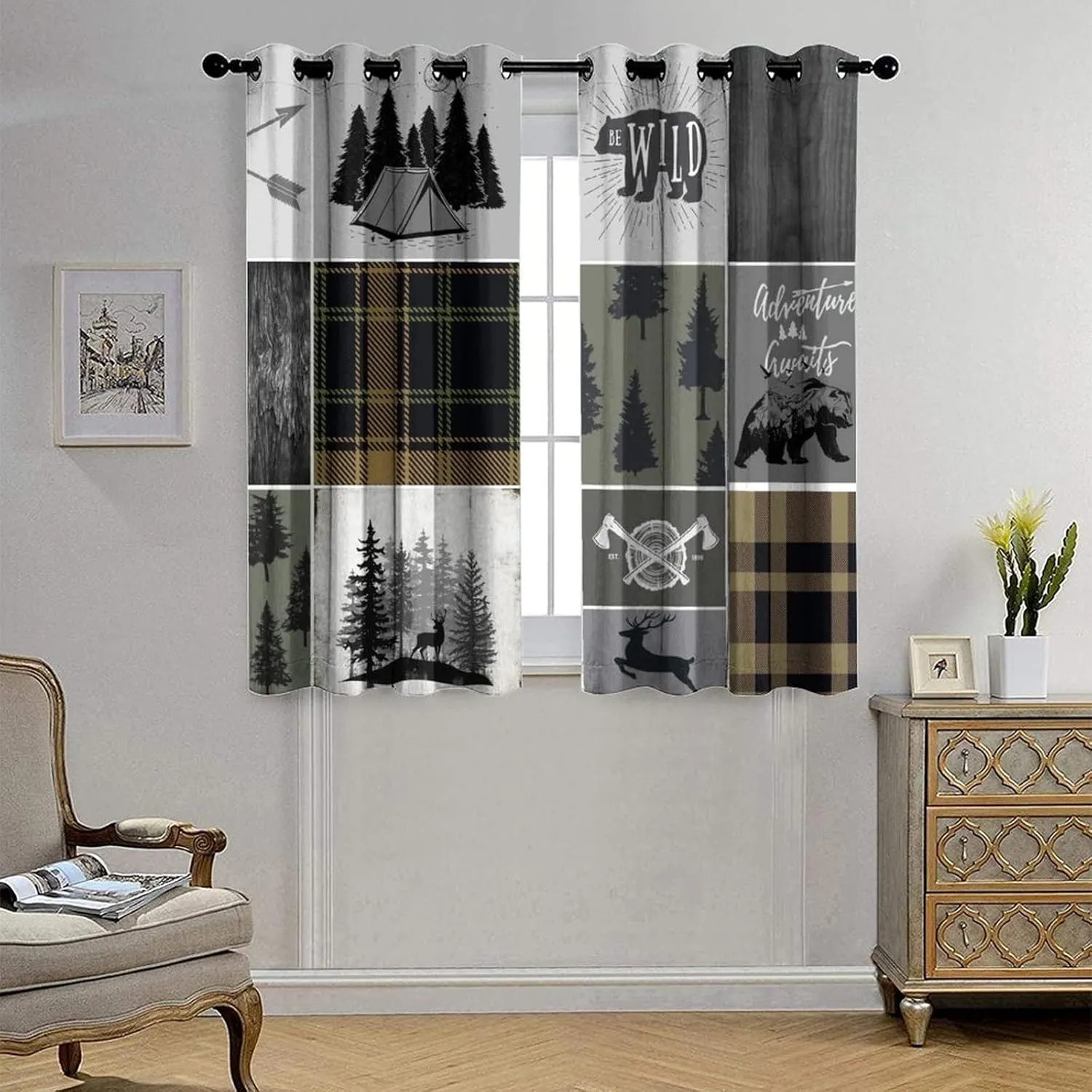 Rustic Cabin Bear Deer Blackout Curtains for Bedroom,Retro Country Hunting Theme Wildlife Plaid Check Adventure Grommet Thermal Insulated Room Darkening Window Curtains 2 Panels 45L x 21W