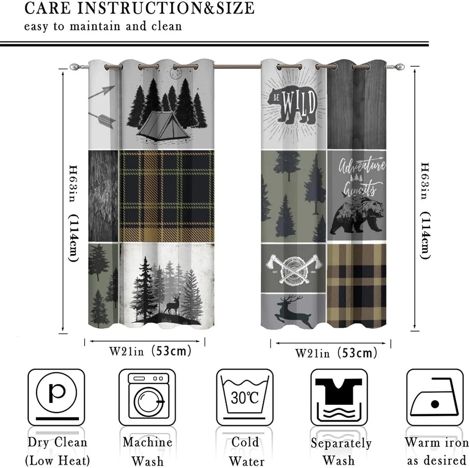 Rustic Cabin Bear Deer Blackout Curtains for Bedroom,Retro Country Hunting Theme Wildlife Plaid Check Adventure Grommet Thermal Insulated Room Darkening Window Curtains 2 Panels 45L x 21W