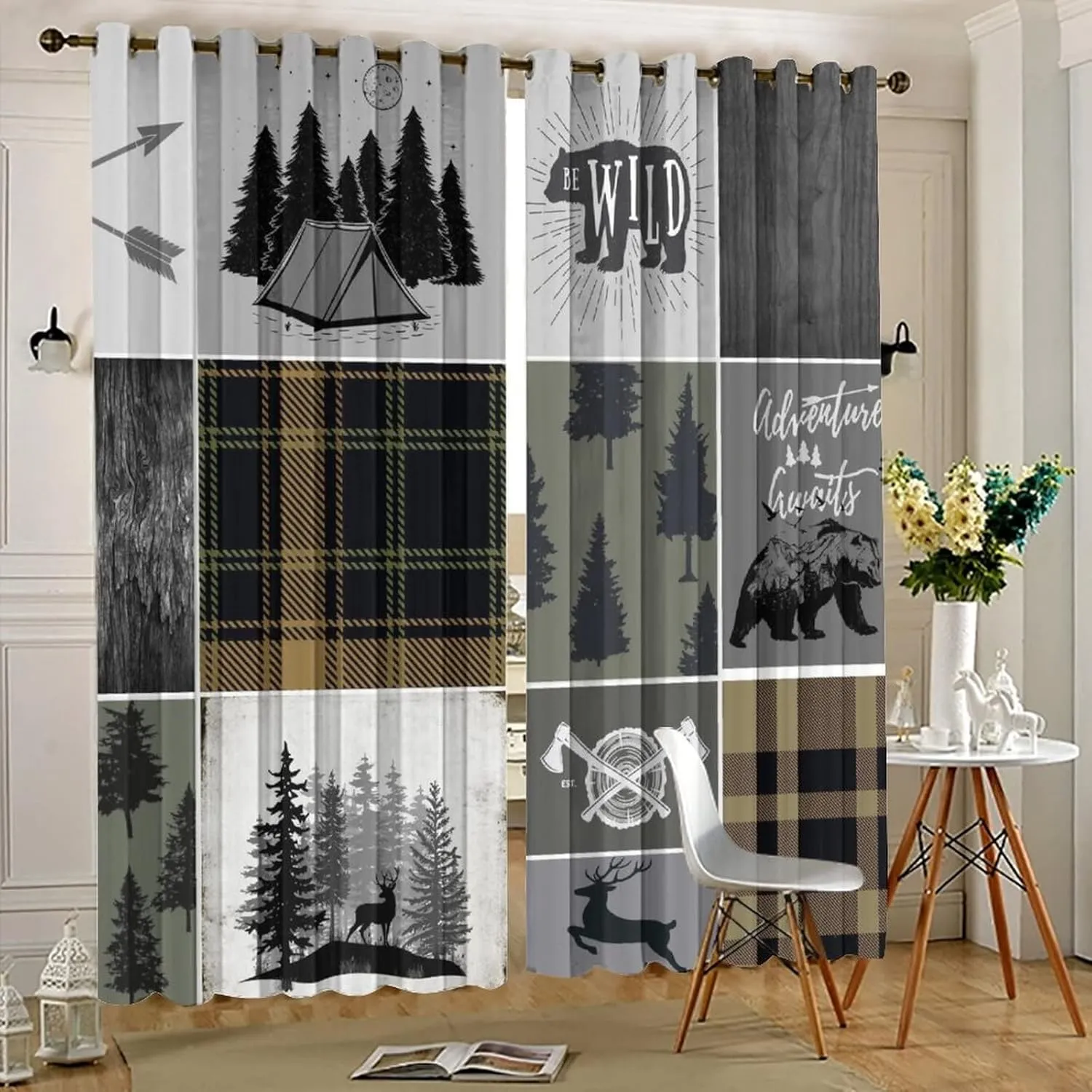 Rustic Cabin Bear Deer Blackout Curtains for Bedroom,Retro Country Hunting Theme Wildlife Plaid Check Adventure Grommet Thermal Insulated Room Darkening Window Curtains 2 Panels 45L x 21W