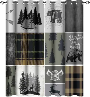 Rustic Cabin Bear Deer Blackout Curtains for Bedroom,Retro Country Hunting Theme Wildlife Plaid Check Adventure Grommet Thermal Insulated Room Darkening Window Curtains 2 Panels 45L x 21W