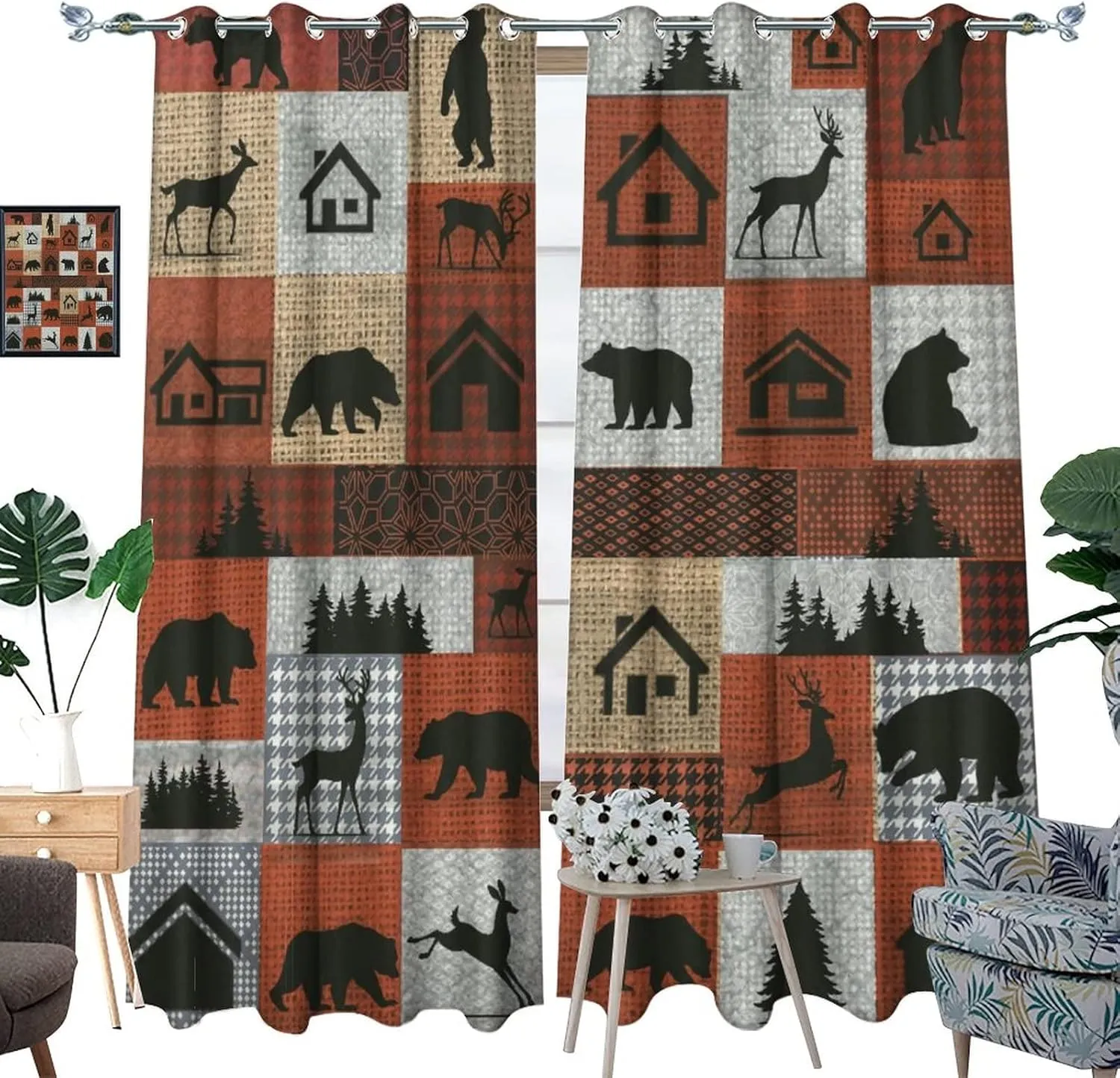 Rustic Deer Ultra Soft Premier Blackout Curtains,Vintage Country Farmhouse Bear Cabin ForestThermal Insulated Bedroom Noise Reducing Patio Door Grommet Top,2 Panels 45L x 21W