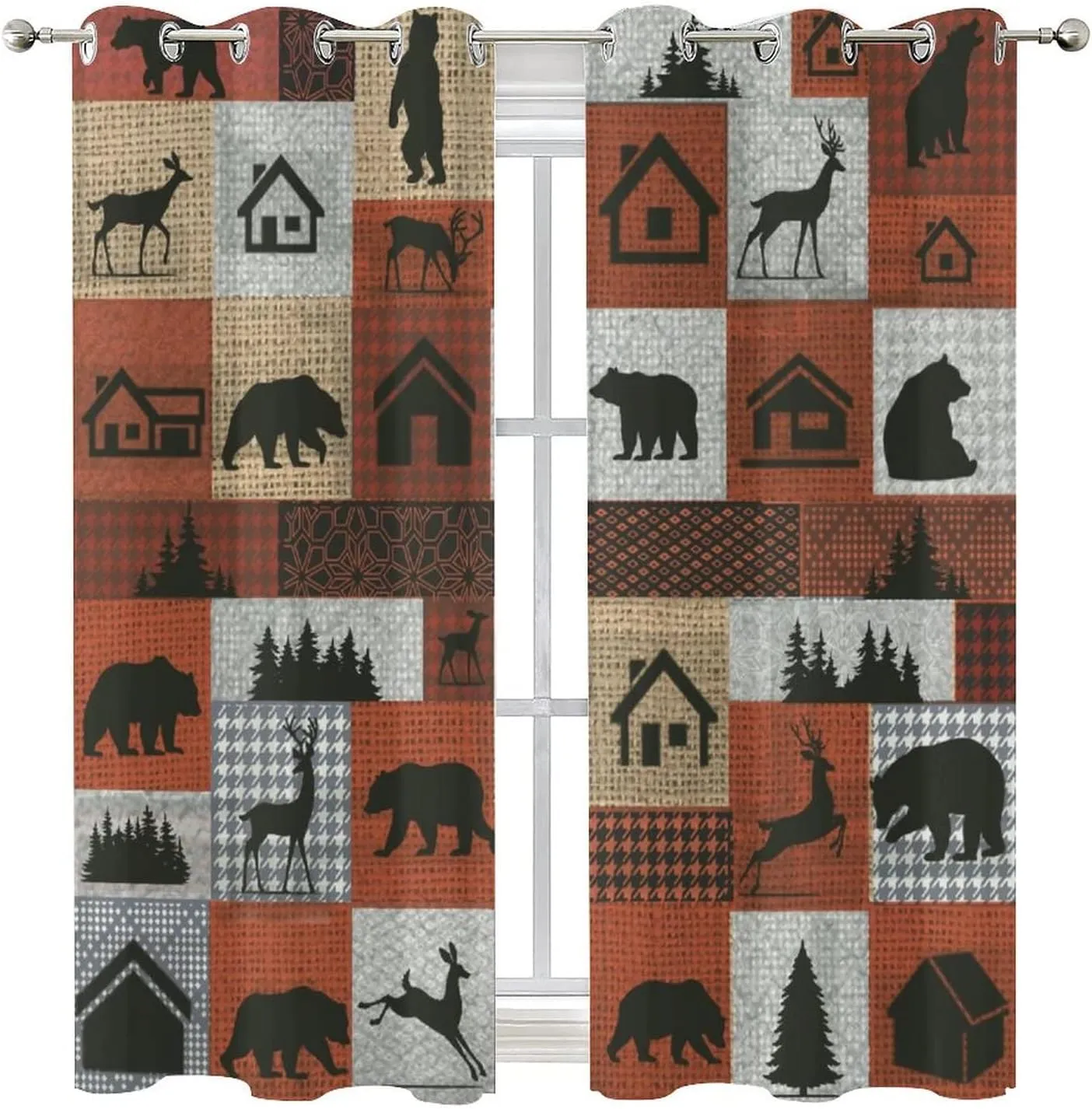 Rustic Deer Ultra Soft Premier Blackout Curtains,Vintage Country Farmhouse Bear Cabin ForestThermal Insulated Bedroom Noise Reducing Patio Door Grommet Top,2 Panels 45L x 21W