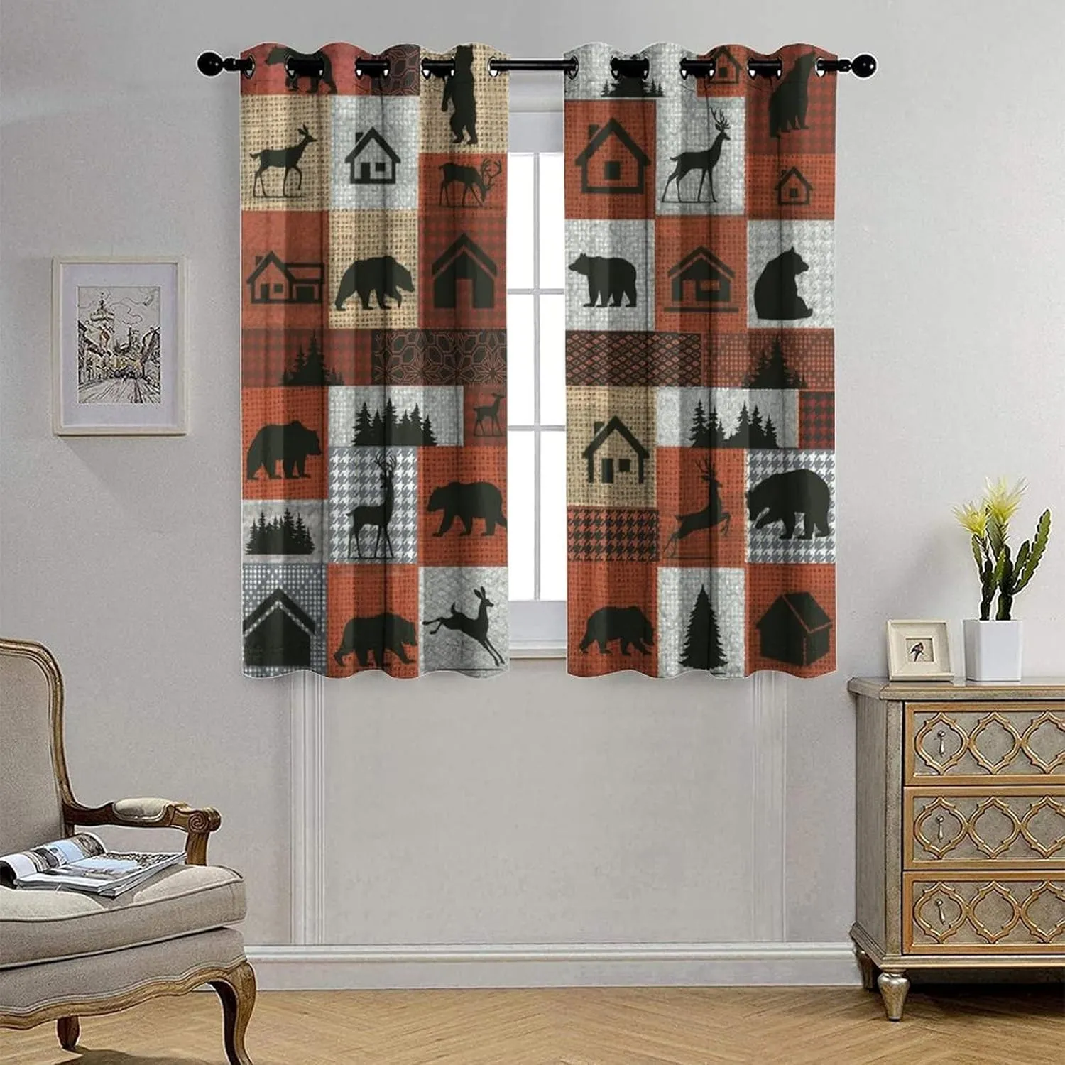 Rustic Deer Ultra Soft Premier Blackout Curtains,Vintage Country Farmhouse Bear Cabin ForestThermal Insulated Bedroom Noise Reducing Patio Door Grommet Top,2 Panels 45L x 21W