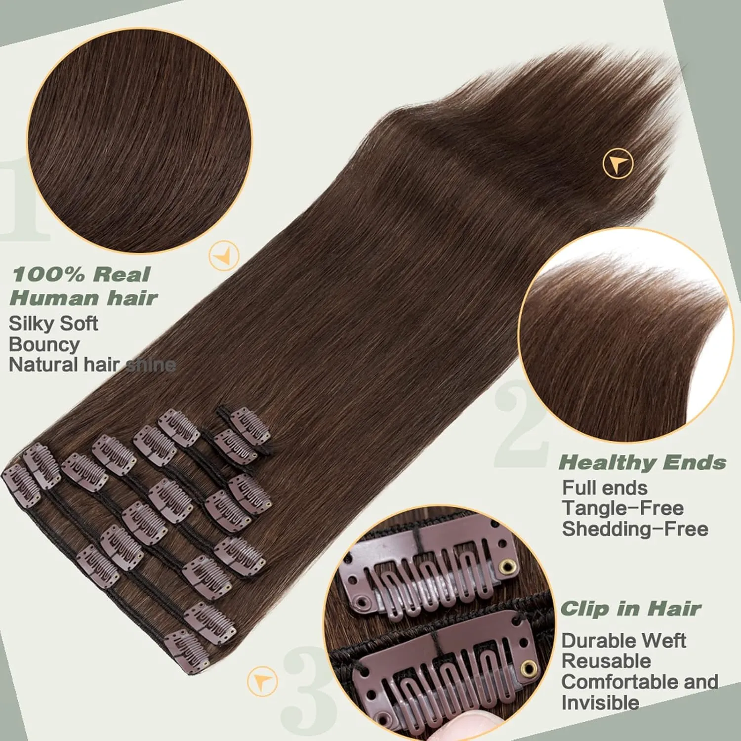 S-noilite Clip in Human Hair Extensions Full Head 8 Pieces/Set Long Straight Silky Soft Clip on Hair (18"-100g #4 Medium Brown)