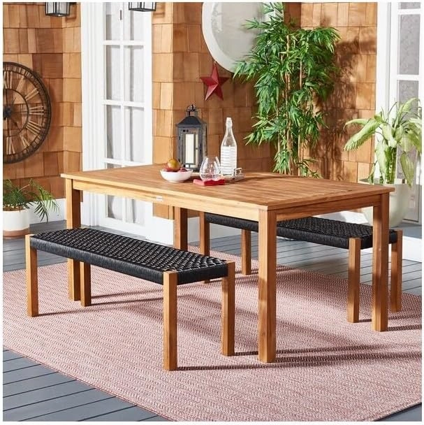 SAFAVIEH Outdoor Collection Aquina Natural/Black 3-Piece Bench Dining Set