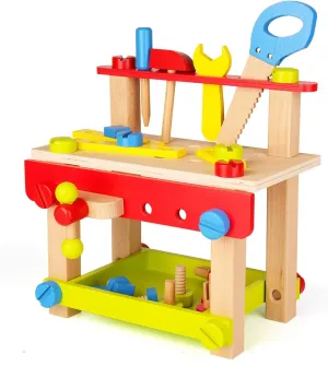 SainSmart Jr. Wooden Bench Workbench with Tools for Toddlers, Kids Creative Building Set Construction Toy for 3  Years Old and Up