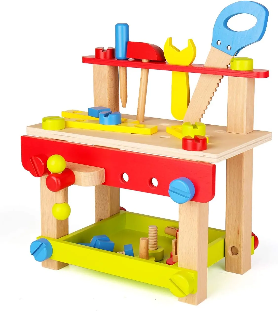 SainSmart Jr. Wooden Bench Workbench with Tools for Toddlers, Kids Creative Building Set Construction Toy for 3  Years Old and Up