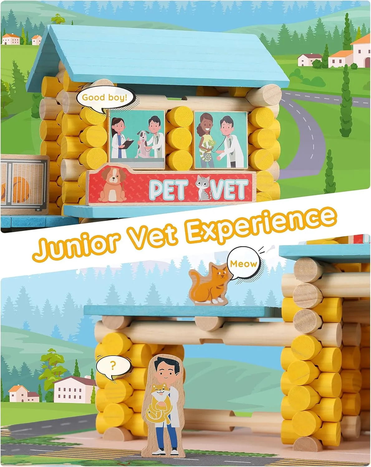 SainSmart Jr. Wooden Logs Set - 229 PCS Classic Building Toy for Kids, Pet Vet Log Kits Compatible with Lincoln Logs, Ages 3 