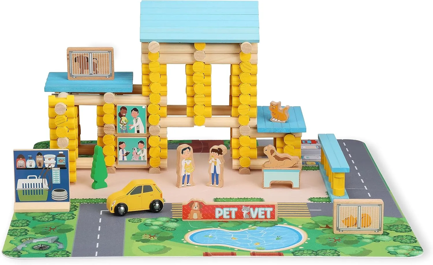 SainSmart Jr. Wooden Logs Set - 229 PCS Classic Building Toy for Kids, Pet Vet Log Kits Compatible with Lincoln Logs, Ages 3 
