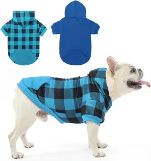SCENEREAL 2 Pack Winter Warm Dog Sweatshirts with Hat & Pocket, Soft Dog Hooded Clothes Coat Outfit, Blue Plaid M