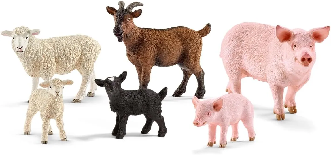 Schleich Farm World Farm Animal Toys for Toddlers & Kids Ages 3 , 6-Piece Mom and Baby Toy Farm Animal Set Pig, Piglet, Goat, Goat Kid, Lamb and Sheep Figurine Farm Set, 77584