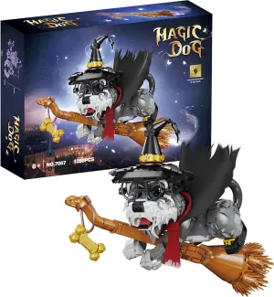 Schnauzer Dog Building Blocks 1298pcs - Magical Broomstick Ride with LED Light, Movable Jaw & Limbs, Detachable Design, Collectible Dog Bone Ornament - Creative STEM Toy for Adults & Kids