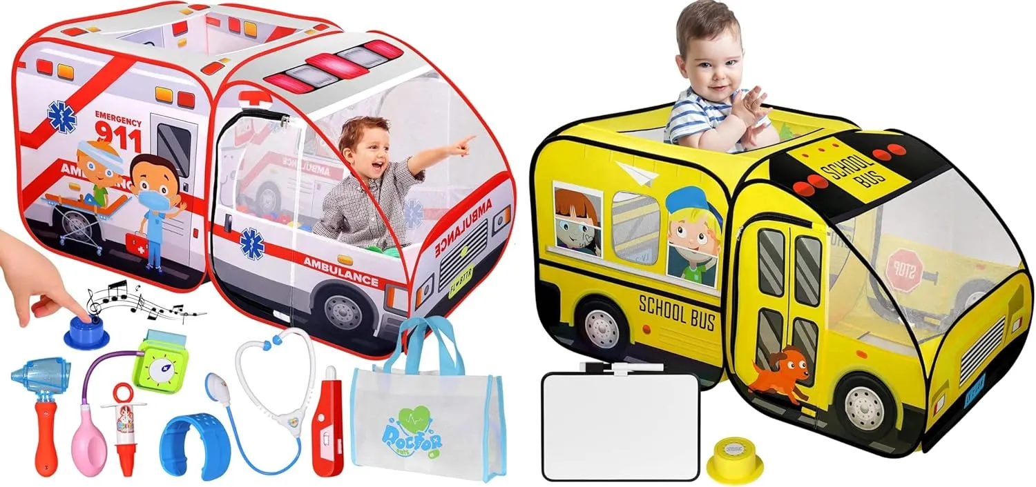 School Bus & Ambulance Play Tent Bundle with Interactive Sound Buttons and Accessories