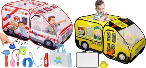 School Bus & Ambulance Play Tent Bundle with Interactive Sound Buttons and Accessories