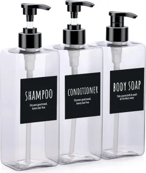 Segbeauty Shampoo Bottles, 3pcs 16.9oz Empty Refillable Pump Dispenser with Labels, 500ml Plastic Reusable Press Lotion Containers for Bathroom Hotel Liquid Soap Body Wash Hand Soap Conditioner Clear