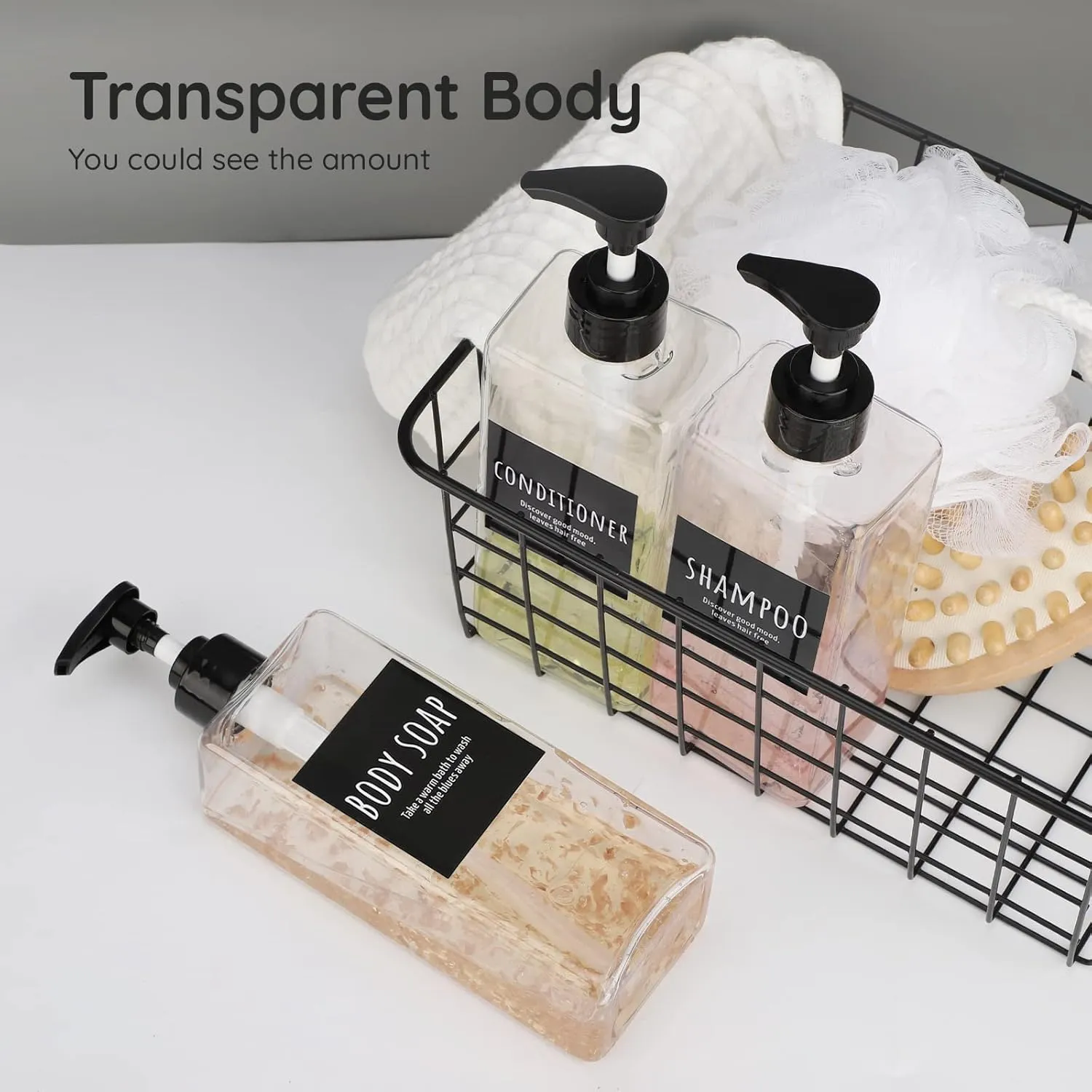 Segbeauty Shampoo Bottles, 3pcs 16.9oz Empty Refillable Pump Dispenser with Labels, 500ml Plastic Reusable Press Lotion Containers for Bathroom Hotel Liquid Soap Body Wash Hand Soap Conditioner Clear