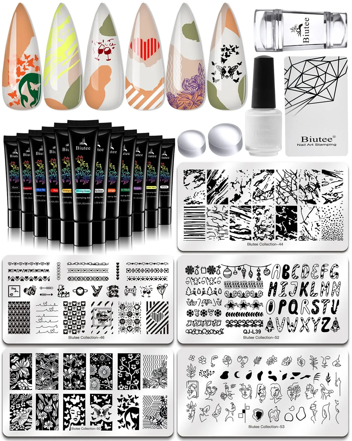 SEISSO 12 Colors Nail Stamping Polish Gels 5Pcs Stamp Print Templates 1 Peel Off Nail Tape Stamp Latex 1 Stamper with Scraper, Stamping Nail Polish Art Set Manicure Gift Collection