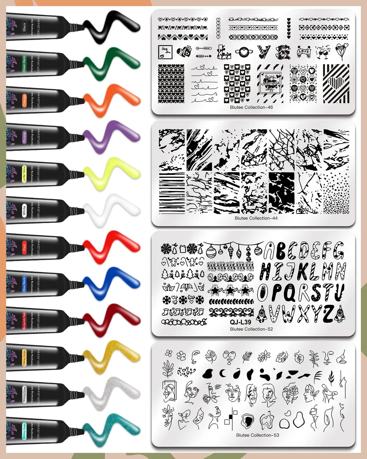 SEISSO 12 Colors Nail Stamping Polish Gels 5Pcs Stamp Print Templates 1 Peel Off Nail Tape Stamp Latex 1 Stamper with Scraper, Stamping Nail Polish Art Set Manicure Gift Collection