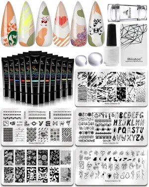 SEISSO 12 Colors Nail Stamping Polish Gels 5Pcs Stamp Print Templates 1 Peel Off Nail Tape Stamp Latex 1 Stamper with Scraper, Stamping Nail Polish Art Set Manicure Gift Collection