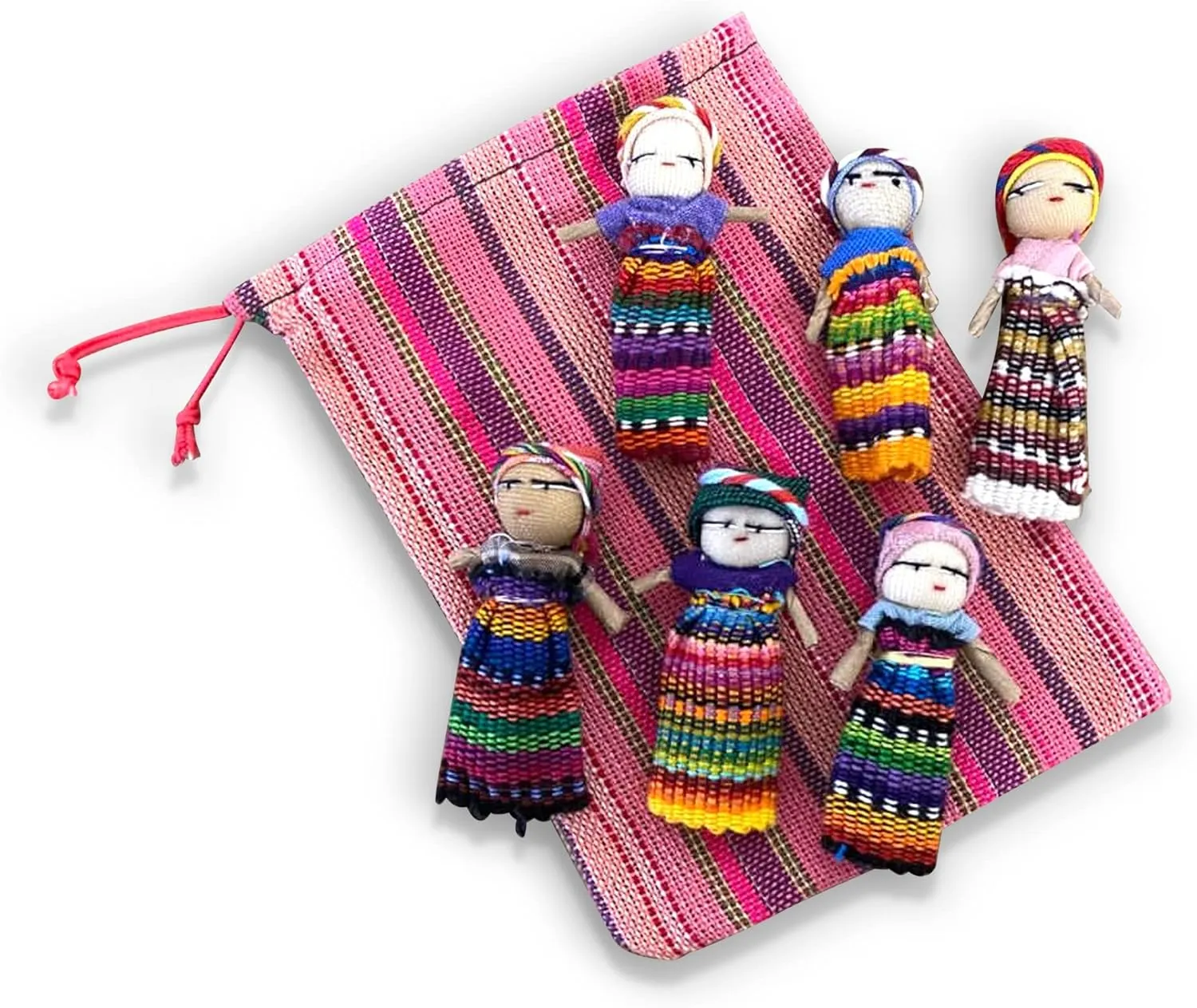 Set of 6 Guatemalan Handmade Worry Dolls With Colorful Crafted Storage Bag | Anxiety Dolls for Girls and Boys