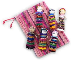 Set of 6 Guatemalan Handmade Worry Dolls With Colorful Crafted Storage Bag | Anxiety Dolls for Girls and Boys