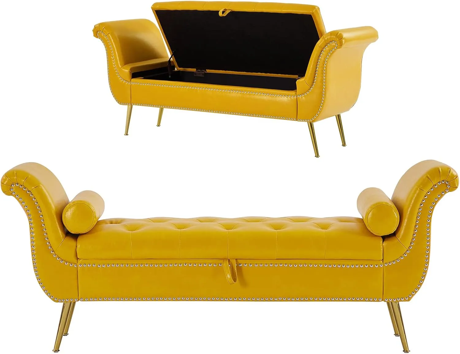 Setawix PU Leather Storage Ottoman Bench End of Bed 66.53" Tufted Rolled Arm Bed Bench with Storage for Bedroom Flared Armed Window Entryway Seating Benches with Golden Metal Legs (Yellow)