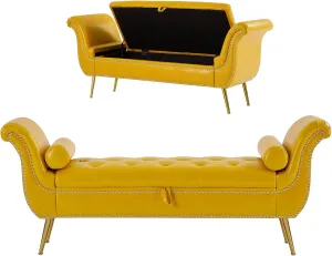 Setawix PU Leather Storage Ottoman Bench End of Bed 66.53" Tufted Rolled Arm Bed Bench with Storage for Bedroom Flared Armed Window Entryway Seating Benches with Golden Metal Legs (Yellow)