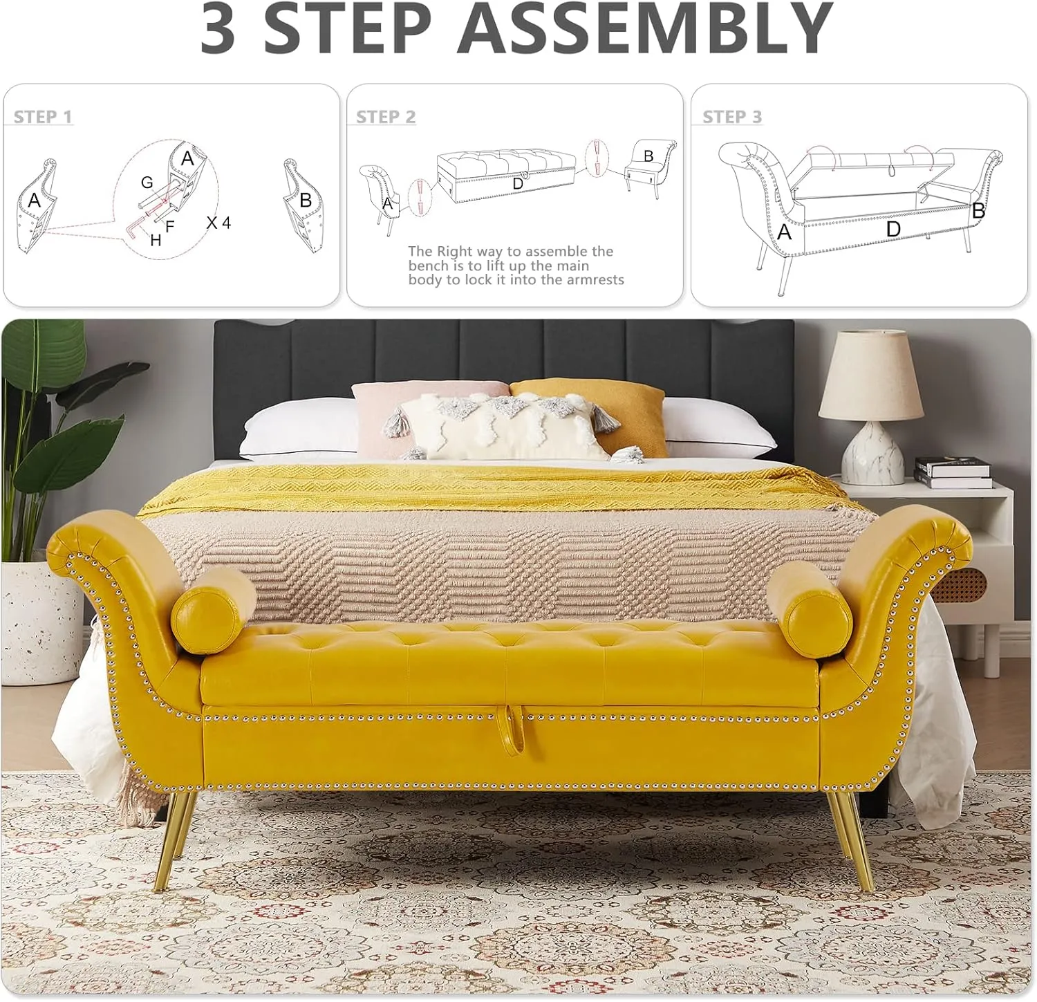 Setawix PU Leather Storage Ottoman Bench End of Bed 66.53" Tufted Rolled Arm Bed Bench with Storage for Bedroom Flared Armed Window Entryway Seating Benches with Golden Metal Legs (Yellow)